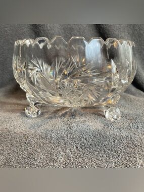 VINTAGE Bohemian Lead Crystal 6” Footed Bowl Saw Tooth Edge Pinwheel & Stars